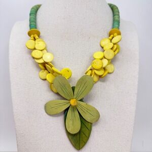 Wood Flower Leaf Statement Necklace Green Yellow Beaded Statement Bold Spring